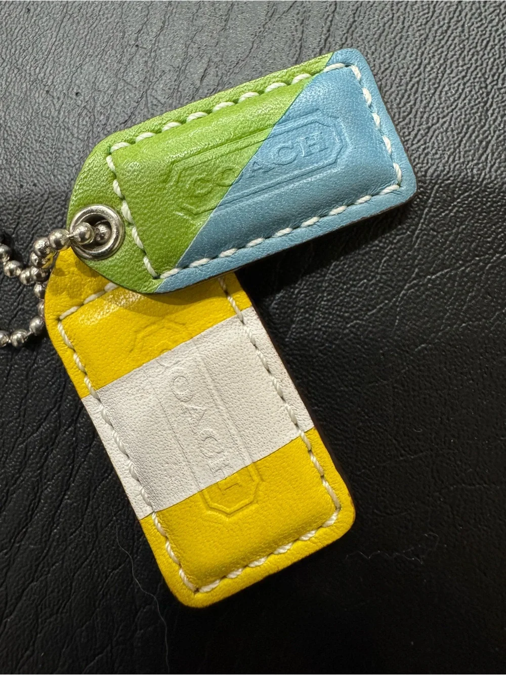 COACH Vintage Leather Hangtag Set of 2 Yellow, Blue & Green
